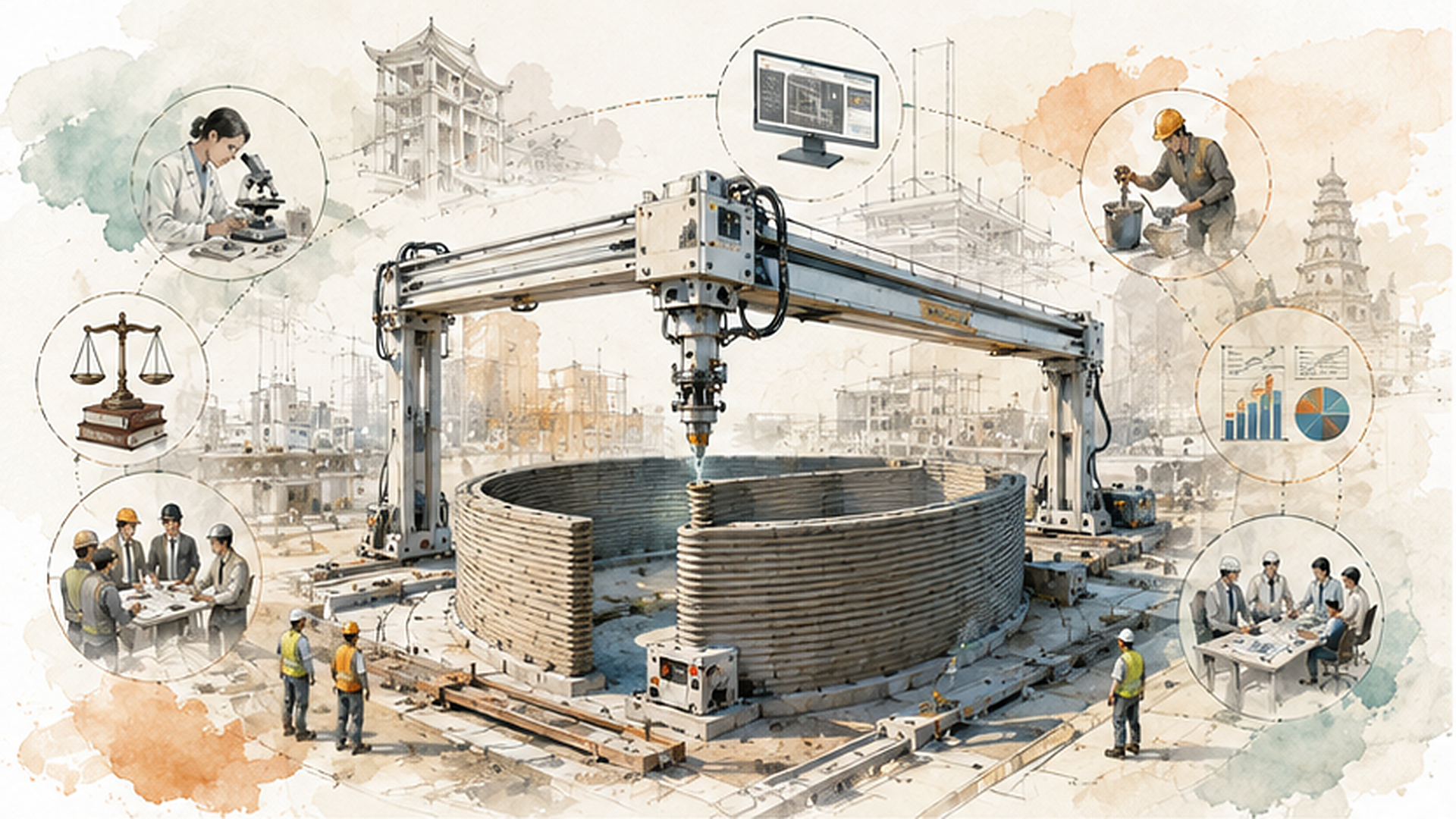 Conceptual illustration of 3D concrete printing adoption readiness, connecting construction technology with research, regulation, economics, skills, and stakeholder coordination.