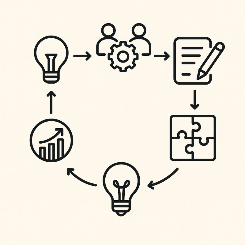 A continuous operating loop connecting ideas, people, documentation, implementation, feedback and growth
