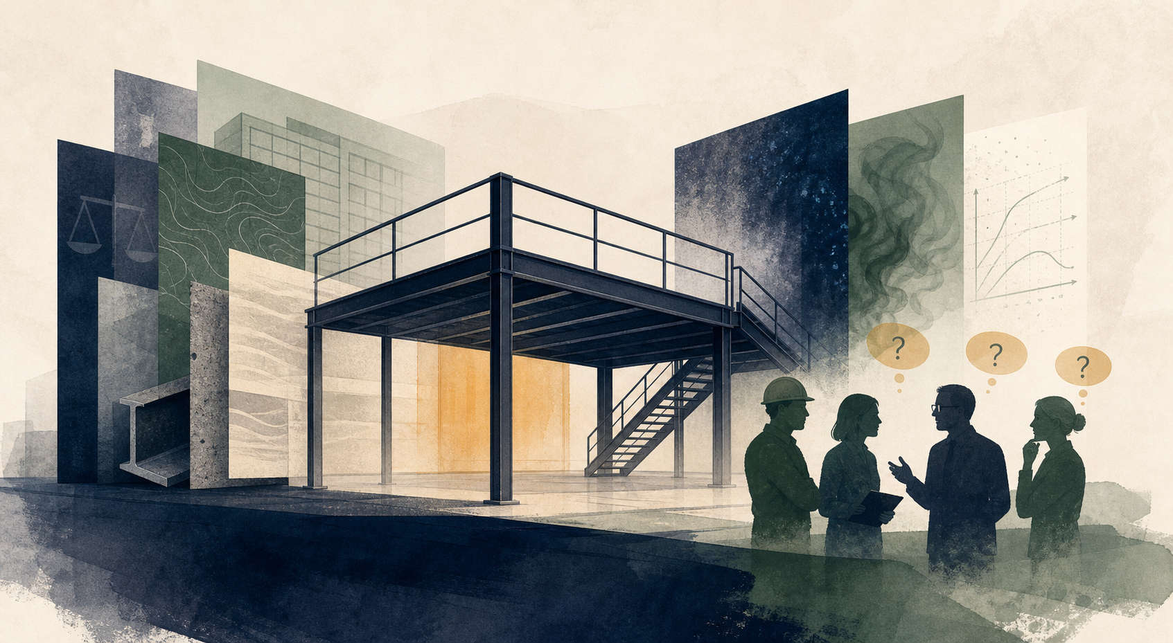 Editorial illustration of a mezzanine surrounded by layers of evidence, material behaviour, and stakeholder questions
